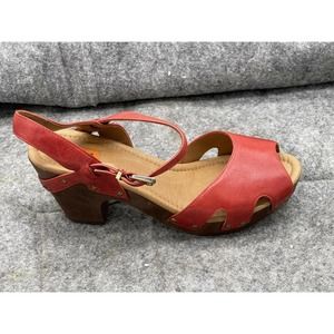 Miz Mooz Heather Ice Wooden Heel Clogs Studded Peep Toe Slingback Shoes Red 10